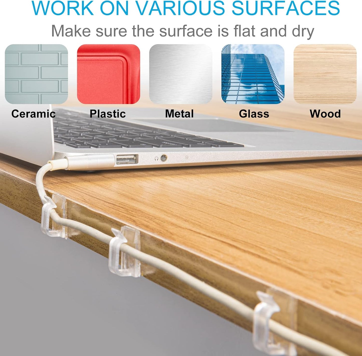 Adhesive Cable Clips Cord Organizer Clear (45 PCS, Large), Outdoor Light Clips for Christmas String Lights, Wall Wire Holder Clips for Ethernet Cable Management Under Desk, Led Light Hooks