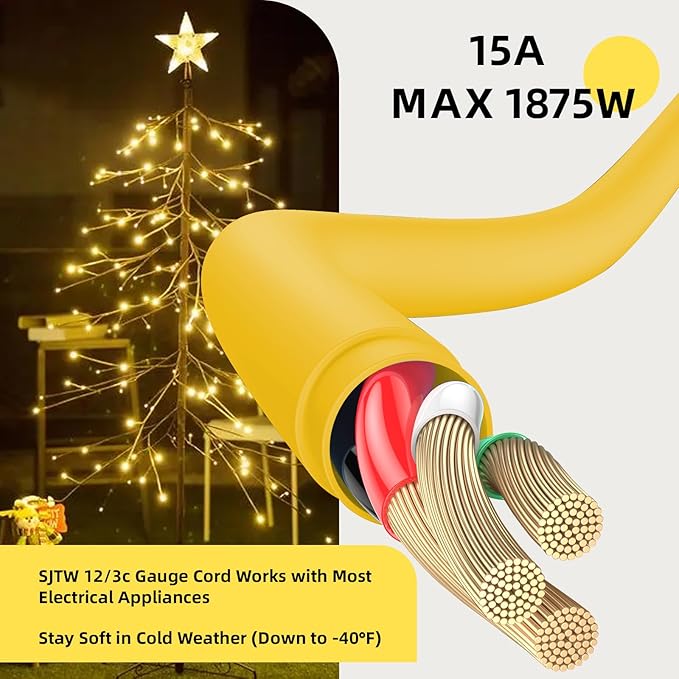 EP 8 Ft Outdoor Extension Cord, 12/3 SJTW Heavy Duty Extension Cable with 3 Prong Grounded Plug, 15 AMP Power Cord for Lawn, Garden, Appliances, Yellow