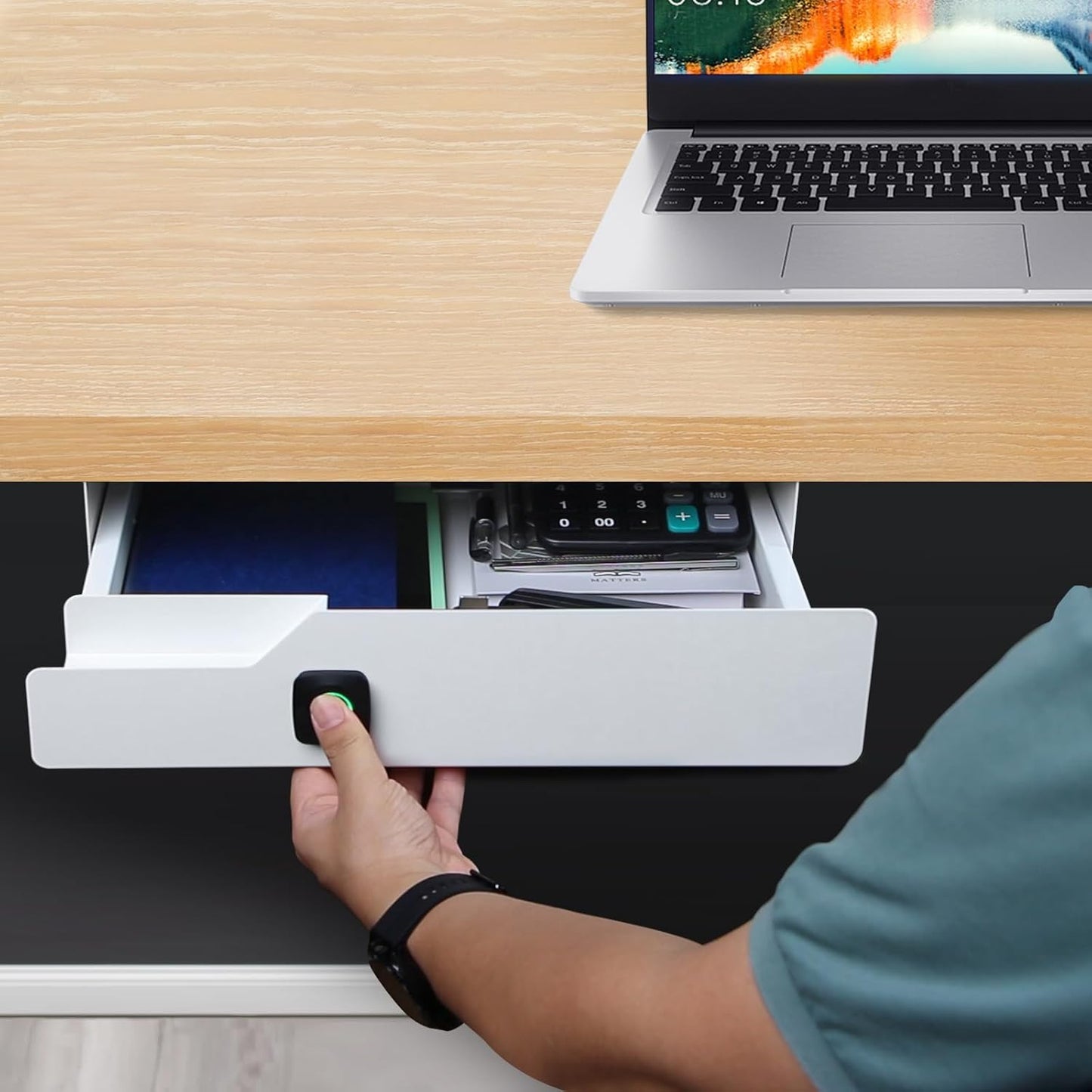 Under Desk Drawer with Lock, 16 inch Under Desk Storage Drawer, Under Desk Mounted Pull Out Drawer with Biometric Lock