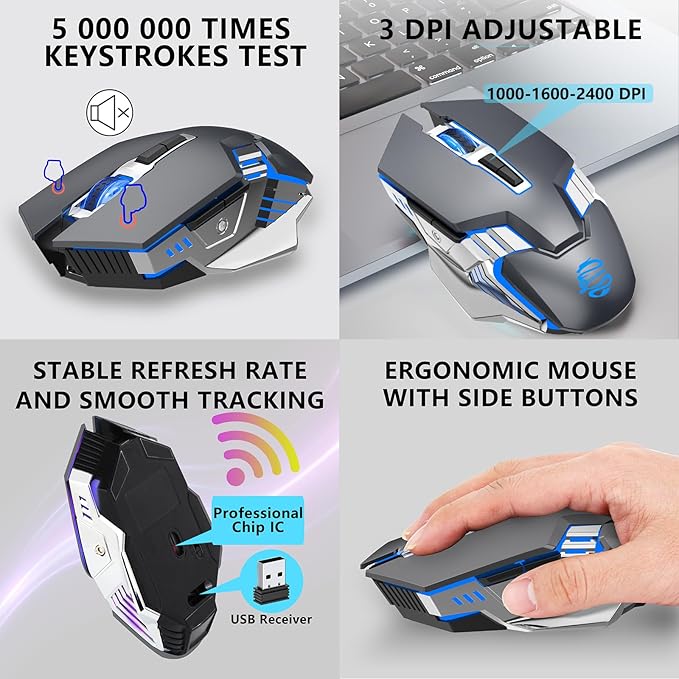 Bluetooth Mouse, Wireless Gaming Mouse with 800mAh Rechargeable Battery, 3 Modes(BT5.0/3.0+2.4G), 7 Buttons, Ergonomic RGB Light up Computer Mouse for Laptop/PC/iPad/Tablet/Mac/Office/Games - Grey