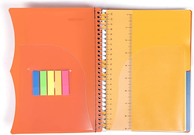 Mintra Office Durable PREMIUM Spiral Notebook, ((Orange, 2 Subject (6in x 9.5in)), Wire, Fabric Covered Coils, No Snags, Removable Adjustable Pocket Dividers, Ruler, Organization, Customizable