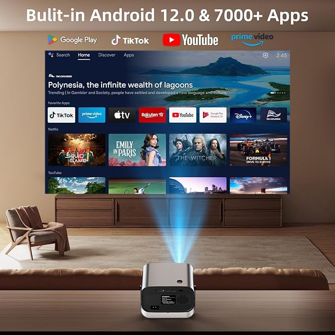 Smart Projector with WIFI and Bluetooth, 800ANSI Native 1080P Portable Projector Built-in Apps, Auto Keystone & Electric Focus Movie Projector for Home Theater, Compatible with IOS/Android/HD