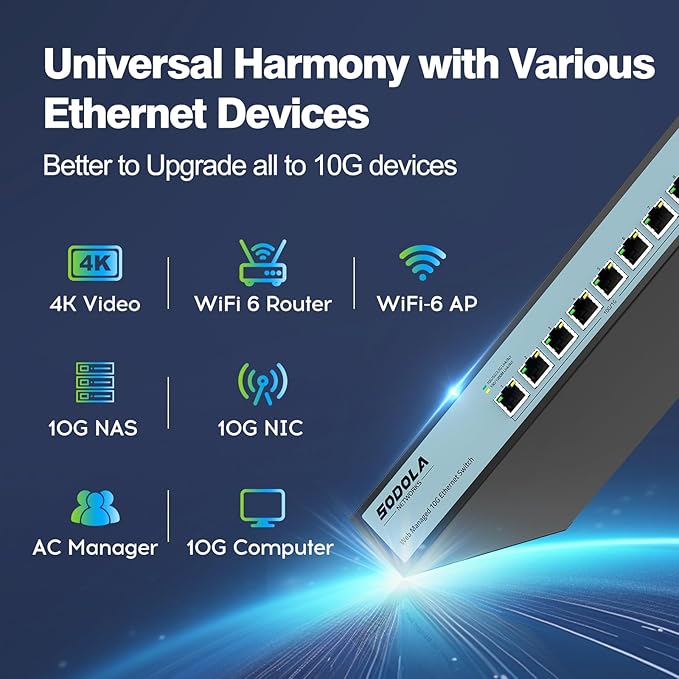 8 Port 10Gb Easy Web Managed Switch, 8 x 10G RJ-45 Ports, 160Gbps Bandwidth, Support LACP, VLAN, QoS, 10G/5G/2.5G/1000M/100M Auto-Negotiation, Multi-Gigabit Managed Ethernet Switch