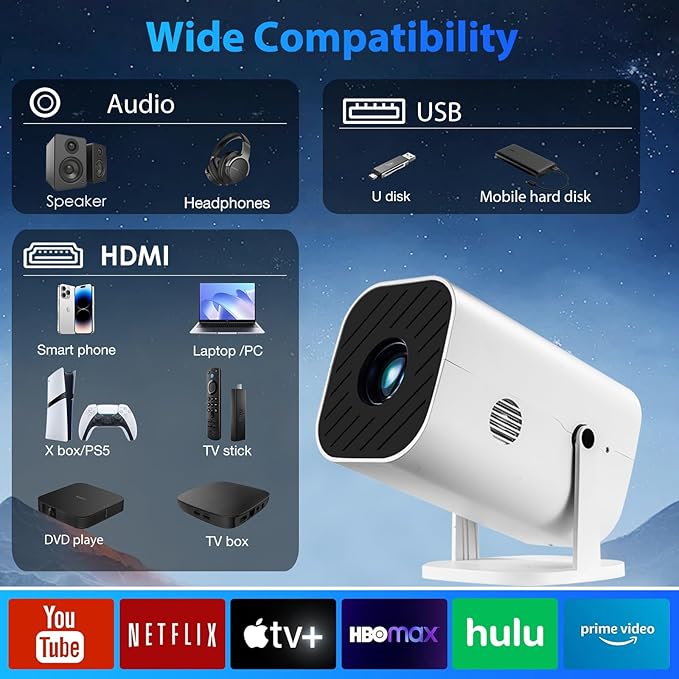 Mini Projector, Video Projector for Bedroom, Built-in Speaker And Bluetooth 5.3, Native 1080P, Compatible With 4K, Portable Room Rrojector, Supports Smartphones/TV Sticks/PS5/Laptops/Xbox/HDMI/USB