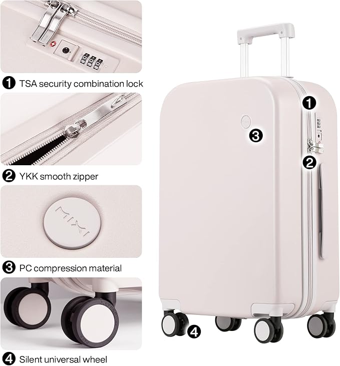 mixi Luggage Suitcase with Spinner Wheels, Hardside Rolling Suitcase PC with Cover & TSA Lock Lightweight Travel Case 26in Checked in, Off White（Slight Pink）