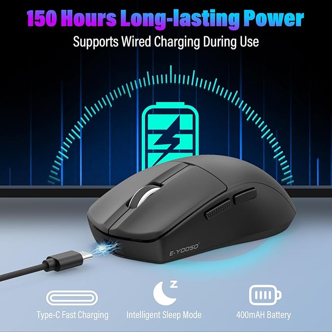 XuanGui Wireless Gaming Mouse,2.4G/BT/USB-C Wired,5-Level DPI 4000 Max,50g Lightweight,1000Hz Polling Rate,Macro Program,Side Buttons,44-Hour Battery Life,For Laptop/PC/Computer/Mac/Tablet (Black-1)