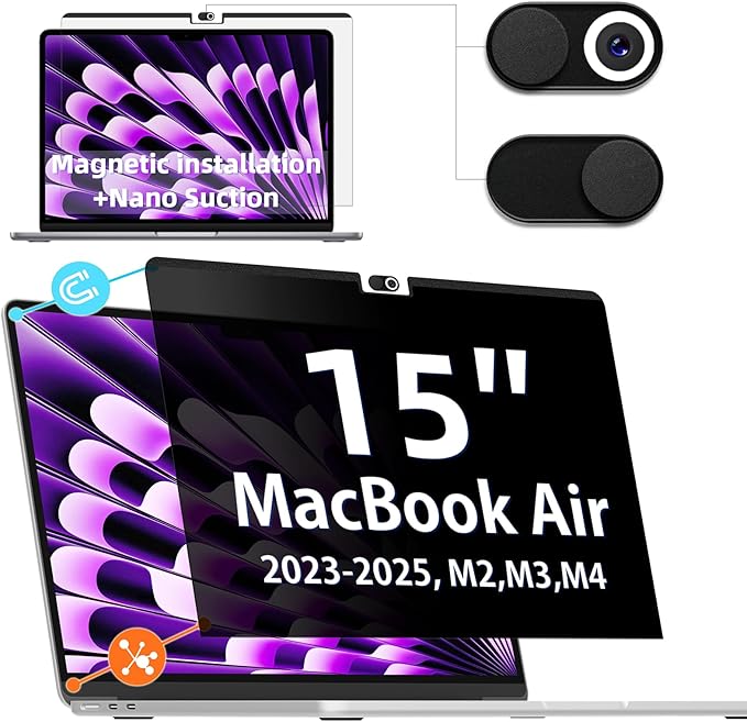 IPROKKO Magnetic MacBook Privacy Screen Protector, Compatible with MacBook Air 15Inch (2023-2025, M2 M3 M4) - A2941 A3114 A3241, Removable Matte Anti Glare Blue Light Filter for Mac Air 15.3" Laptop