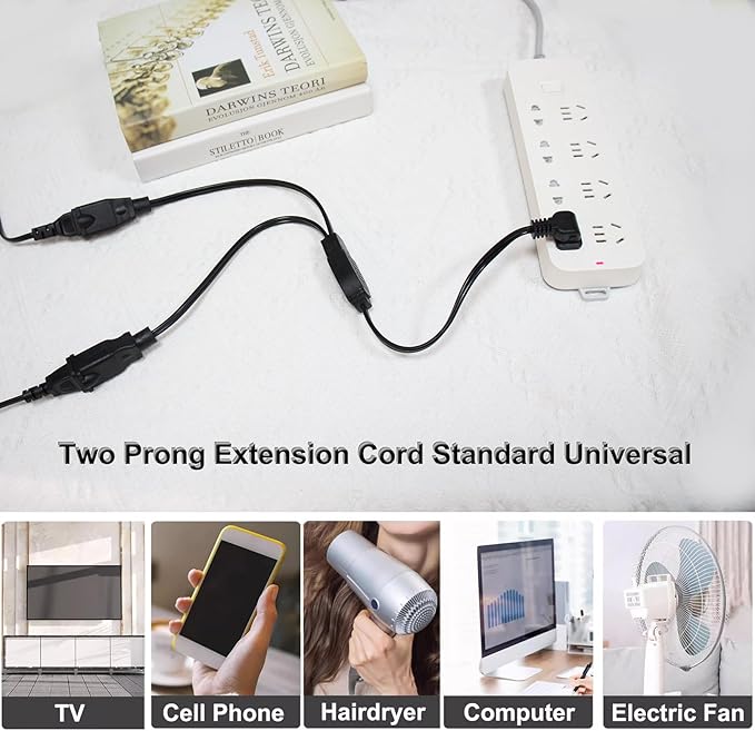 Extension Cord Splitter,1.64FT Short Extension Cord,2 Prong Flat Plug,Power Y-Splitter Cable Right Angled Polarized Plug for Christmas Lights,Home Decor,Office,Black