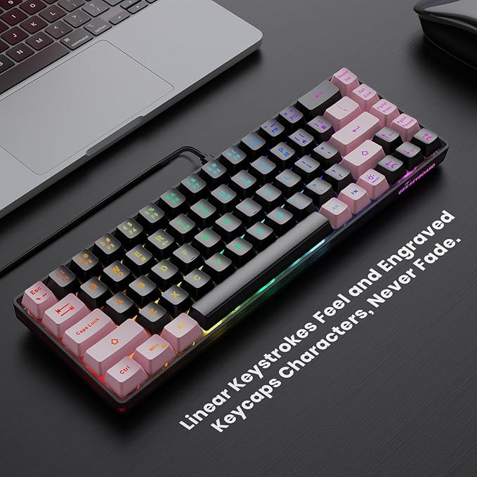 65% Gaming Keyboard, LED Backlit, Ultra-Compact Anti-Ghosting No-Conflict 68 Keys Membrane Gaming Wired Keyboard for PC Laptop Windows Gamer(Black-Pink)