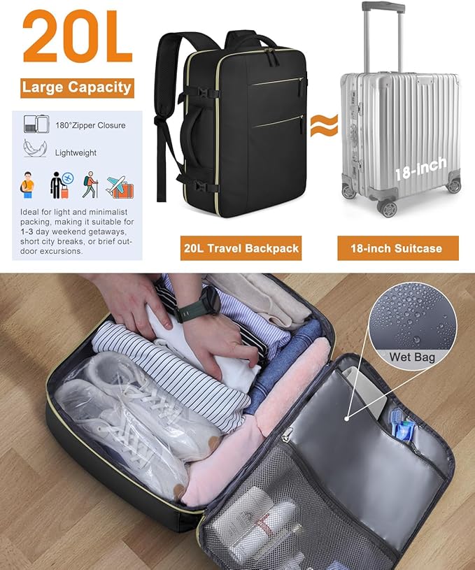 Capolo Travel Backpack for Women Men Waterproof Laptop Backpack Airlines Approved Personal Item Backpack Bag Computer Bookbag for Business, Work, Traveling Fits 15.6 Inch Laptop(Black)