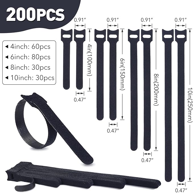 200PCS Reusable Cable Ties Wire Ties Cord Organizer Cable Organizer Adjustable Cable Management Black 4+6+8+10 inch