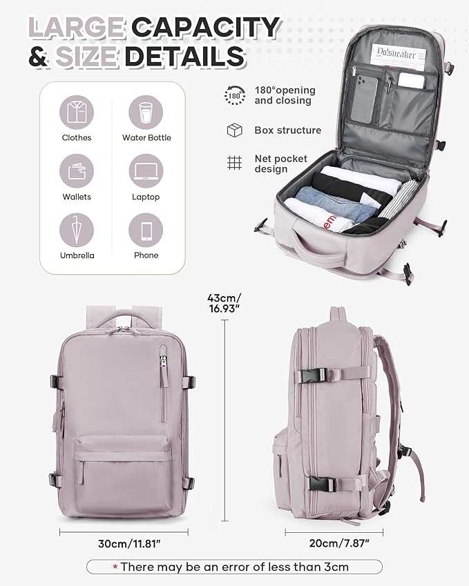 VECAVE Carry On Backpack for Women,Large Travel Backpack Flight Approved,Waterproof 14 Inch Laptop Backpack Business Work Backpacks Men Mochila De Viaje LotusPink