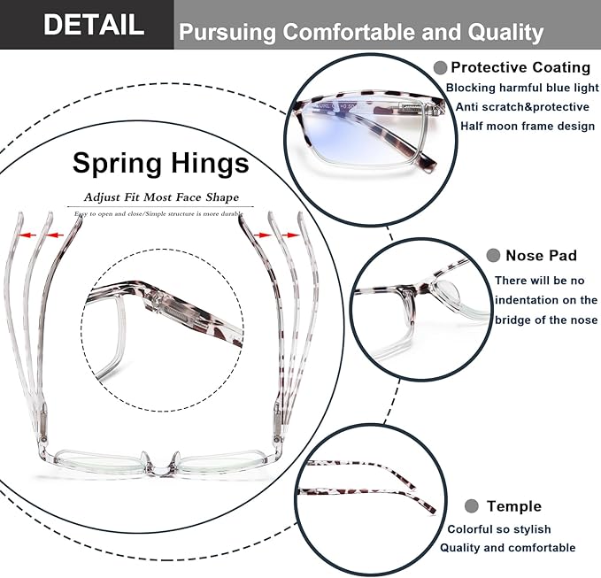 EYEURL 4-Pack Half Frame Blue Light Reading Glasses for Men Rectangle Semi Rimless Readers for Women Spring Hinge Eyeglasses