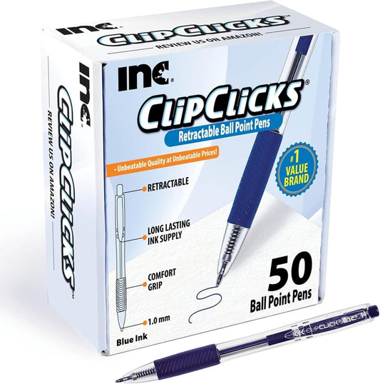 Inc. ClipClicks Retractable Ballpoint Pens - Bulk 1.0-mm Medium-Point Pen Set With Comfort Grip for School, Office, Writing, and Journaling, 50 Count, Blue