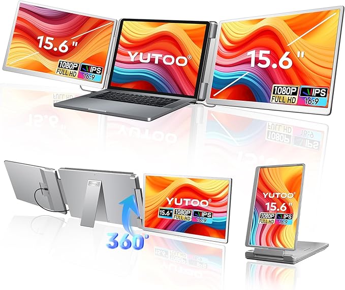 15.6" Laptop Screen Extender, 360° Rotation Screen FHD 1080P IPS Ultra-Thin Triple Laptop Monitor Extender, Plug and Play Triple Monitor for 12"-18.5" Laptops with USB-C/HDMI, for Windows/Mac/Android
