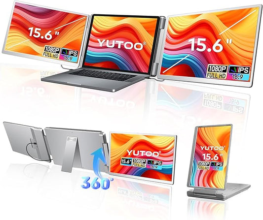 15.6" Laptop Screen Extender, 360° Rotation Screen FHD 1080P IPS Ultra-Thin Triple Laptop Monitor Extender, Plug and Play Triple Monitor for 12"-18.5" Laptops with USB-C/HDMI, for Windows/Mac/Android