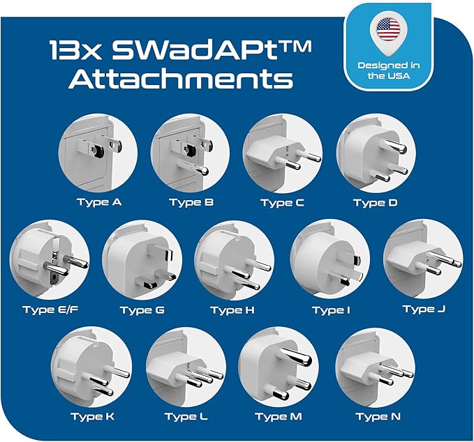 Ceptics International Power Plug Adapter Travel Set, 20W PD & QC, Safe Dual USB & USB-C 3.1A - 2 USA Outlet - Compact - Use Europe, Asia, Africa In Worldwide - Includes 13 Type SWadAPt Attachments