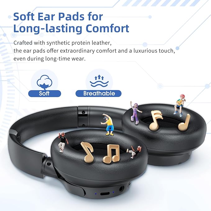 Active Noise Cancelling Headphones, Wireless Over Ear Bluetooth Headphones with Microphone, Transparency Mode, 70H Playtime, Hi-Res Audio, Deep Bass, Bluetooth 5.3, Lightweight Design,Black