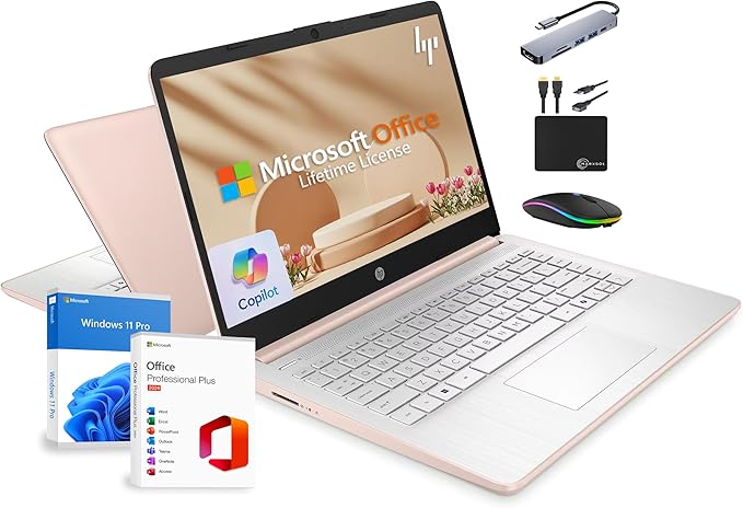 HP 14" Laptop 2025 Business Student Slim Computer, Lifetime MS Office, Copilot AI, Quad-Core Intel CPU, 16GB RAM, 628GB Storage (128GB UFS+500GB Ext), MarxsolAccessory, Wi-Fi 6, Win 11 Pro, Rose Gold