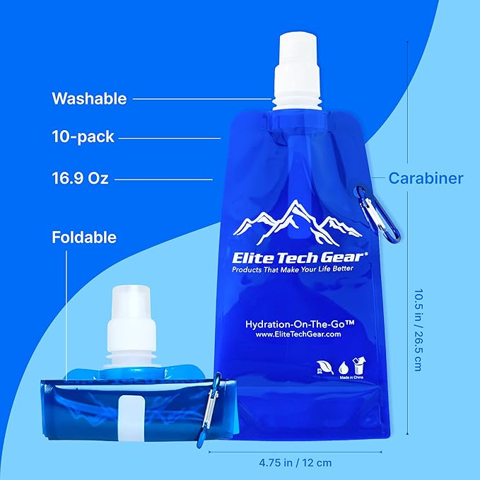 Elite Screens Collapsible Water Bottles - 10-Pack, 16.9 oz, Blue - Foldable & Reusable Water Bottle with Carabiner Strap for Hiking, Camping & Cycling - Long Flight Must-Haves & Theme Park Essentials