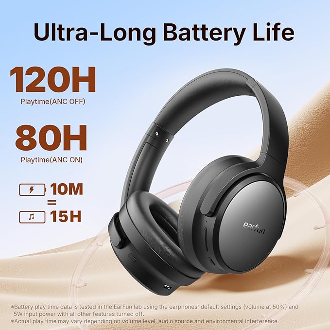EarFun Tune Pro Active Noise Canceling Headphones, Wireless Bluetooth Headphones with 5 Mics, 120H Playtime, Bluetooth 5.4, Hi-Res Audio, Multipoint Connection, Custom EQ via App, Comfortable Fit