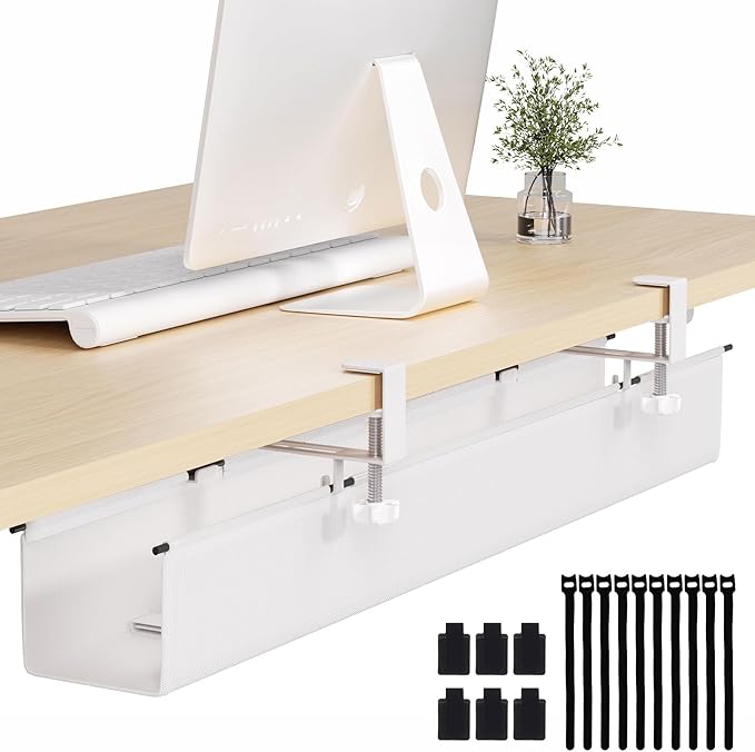 Under Desk Cable Management Tray 39.7" - No Drill Computer Wire Organizer Cable Tray, Fabric Cord Hider Clamp Mount, with 16X Cable Ties PC Cables Management Cord Holder for Office/Home (White)