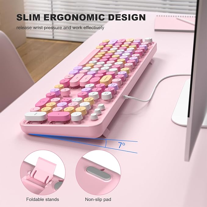 Colorful Computer Keyboards Wired, USB Plug and Play Full Size Typewriter Keyboard, Cute Aesthetic Keyboard with Foldable Stands for Windows PC Laptop (Pink)