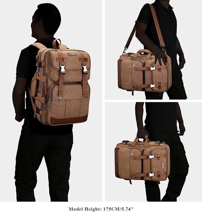 WITZMAN Canvas Travel Backpack for Men Large Laptop Backpack Fit 17 inch Carry-on Airline Approved Convertible Shoulder Rucksack(A6617-3 Brown)