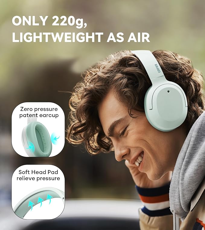 Edifier W820NB Plus Hybrid Active Noise Cancelling Headphones - LDAC Codec - Hi-Res Audio Wireless & Wired - Fast Charge - 49H Playtime - Over Ear Bluetooth V5.2 Headphones- Green