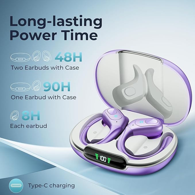 occiam Active Noise Cancelling Earbuds Wireless Bluetooth Headphones Ear Buds 90Hrs Playback Stereo Bass Earphones with Mic Over-Ear Hooks IPX7 Waterproof Headset for Work Sports Running Gym Purple