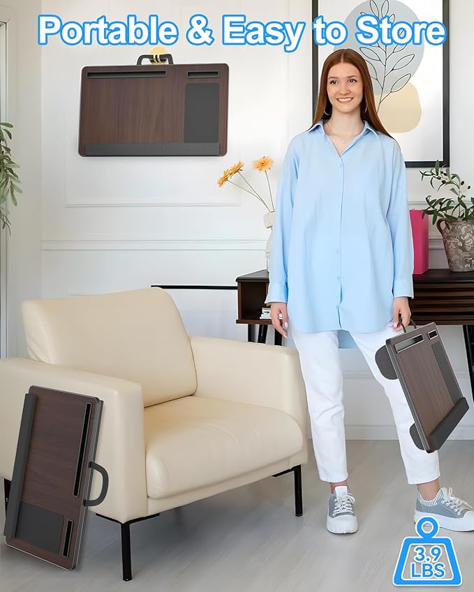 Laptop Lap Desk, Portable Large Laptop Desk for Bed, Up to 17 in Lap Table with Wrist Rest, Mouse Pad, Tablet Phone Slot, Portable Handle, Lap Tray with Cushion (Dark Brown)