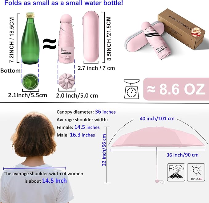 BAODINI Travel Essentials Mini Umbrella for Purse With Case Small Compact UV Sun Protection Lightweight Tiny Pocket Manual Open Close Umbrella for Women Kids and Men Fit Purse Backpack