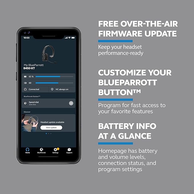 BlueParrott B450-XT Mono Bluetooth Wireless Headphones 96% Noise Canceling Over Head Trucker Headset with Mic, All Day Comfort Padded Headband, 300 ft. Wireless Range, 24 hrs. Talk Time, Black