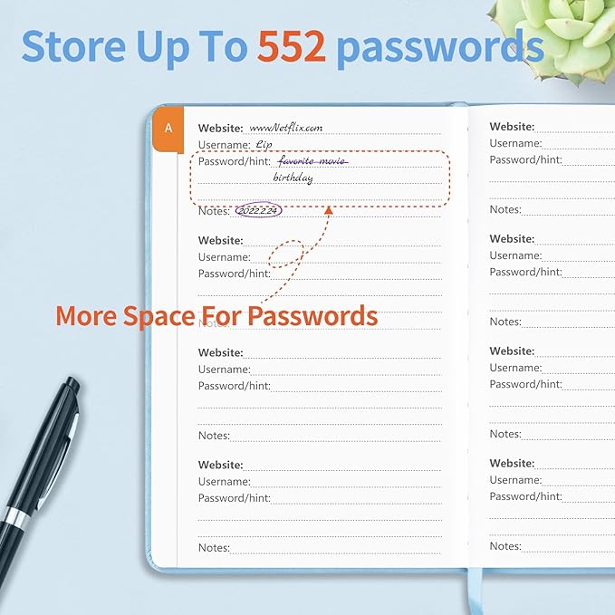 Password Book with Alphabetical Tabs, Password Keeper Book for Seniors, Hardcover Password Notebook for Individual & Colorful Tabs, Password Organizer for Website Logins, 5.3" x 7.7", Blue