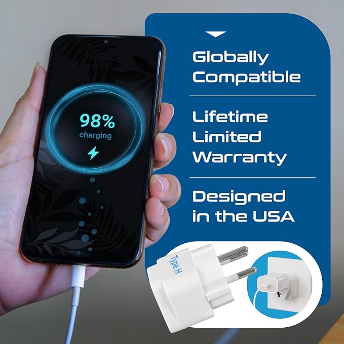 Ceptics Israel Power Adapter Travel Universal Plug,Works in Palestine,Jerusalem,Holy City-Perfect for Charging your Electronic Devices (Type H)- Safe Grounded Connection-3 Pack (GP-14-3PK),White