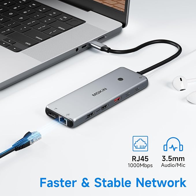 USB C Docking Station 3 Monitors USB C Hub Laptop Dual Monitor Multiport Adapter Dock Dongle,USB C to 2 HDMI,DisplayPort,PD Charging,Ethernet,7 USB C/A 3.1/3.0/2.0 Ports,Audio for Dell/HP/Lenovo