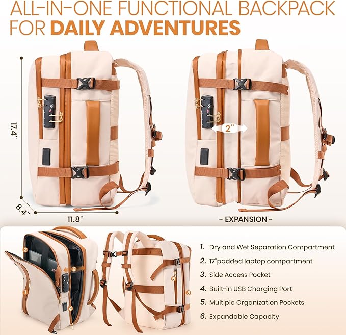 Fanwoli Vacuum Travel Backpack, Carry On Luggage with TSA Lock & Anti Theft Zipper, 60L Expandable Airback with Compression Pump, Waterproof Laptop Bag Ideal for Flight & Business,White