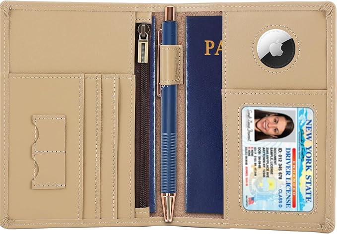 STAR VISTA Phoenix Leather Passport Holder, Calfskin Leather Travel Wallet, RFID Blocking, with ID Window, Zipper Pocket, Card Slots, AirTag Slot, Ivory