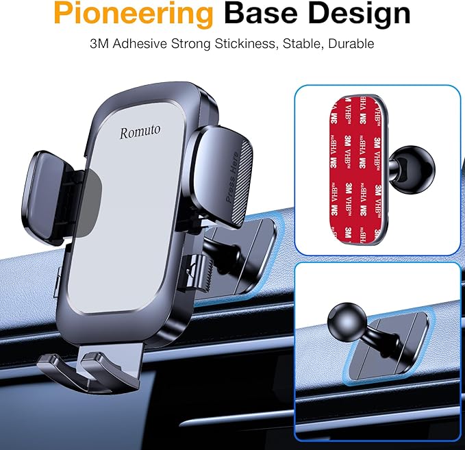 Romuto Car Phone Holder Mount【2025 Strongest Suction】 Phone Mount for Car Dash Pad Cell Phone Holders for Your Car Accessories for Women Men Dashboard/Windshield/Vent Truck Stand for iPhone Samsung