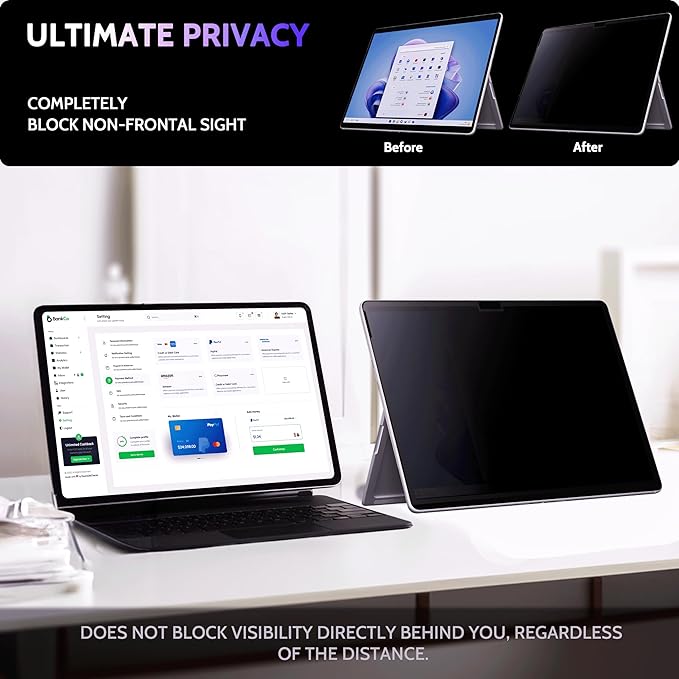 Privacy Screen for 13 Inch Surface Pro 11/10/9/8/X, MagicSuction™ Removable Anti Spy Black Protector, Glare Blue Light Filter for Microsoft Laptop Computer Monitor