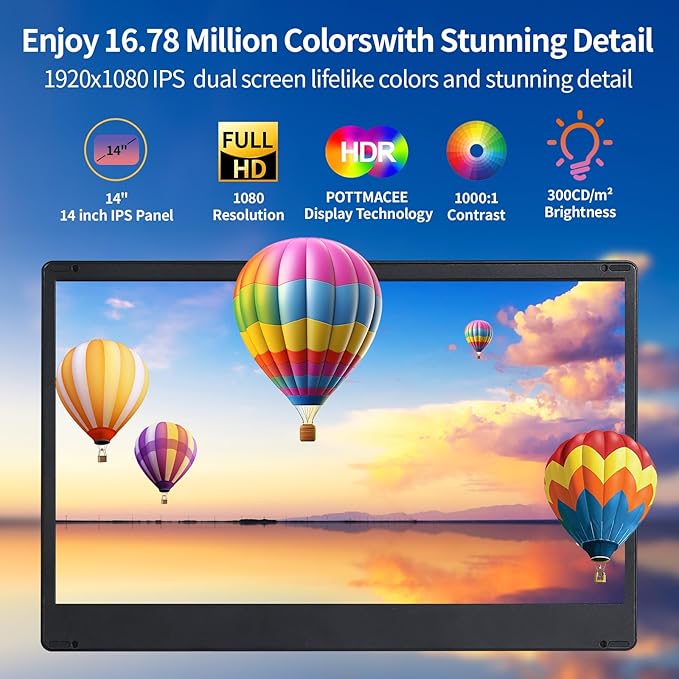 Laptop Screen Extender, Ultra-Thin 14.2" FHD IPS Dual Screen, Portable Monitor for Laptop 13–17.3" with USB-C/HDMI Port, Plug & Play for Windows/Mac/Android/PS5