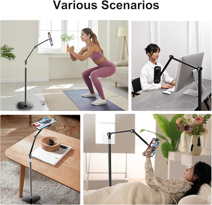 OATSBASF Tablet Floor Stand, Overhead Bed Phone Mount, Height & 360 Degree Angle Adjustable Universal Metal Tablet Holder Compatible with iPad, Samsung Galaxy Tab, iPhone, Kindle, 4.7-12.9" (Black)