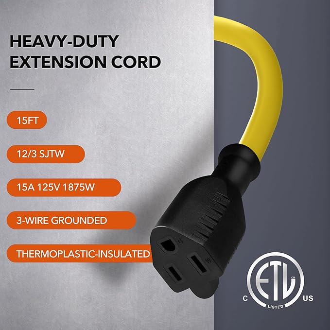 BN-LINK 15ft Outdoor Extension Cord, 12/3 SJTW Heavy Duty Power Cord, 3-Prong Grounded Plug, Weather Resistant, 15A, 1875W, Yellow, for Lawn, Garden, Appliances, ETL Listed