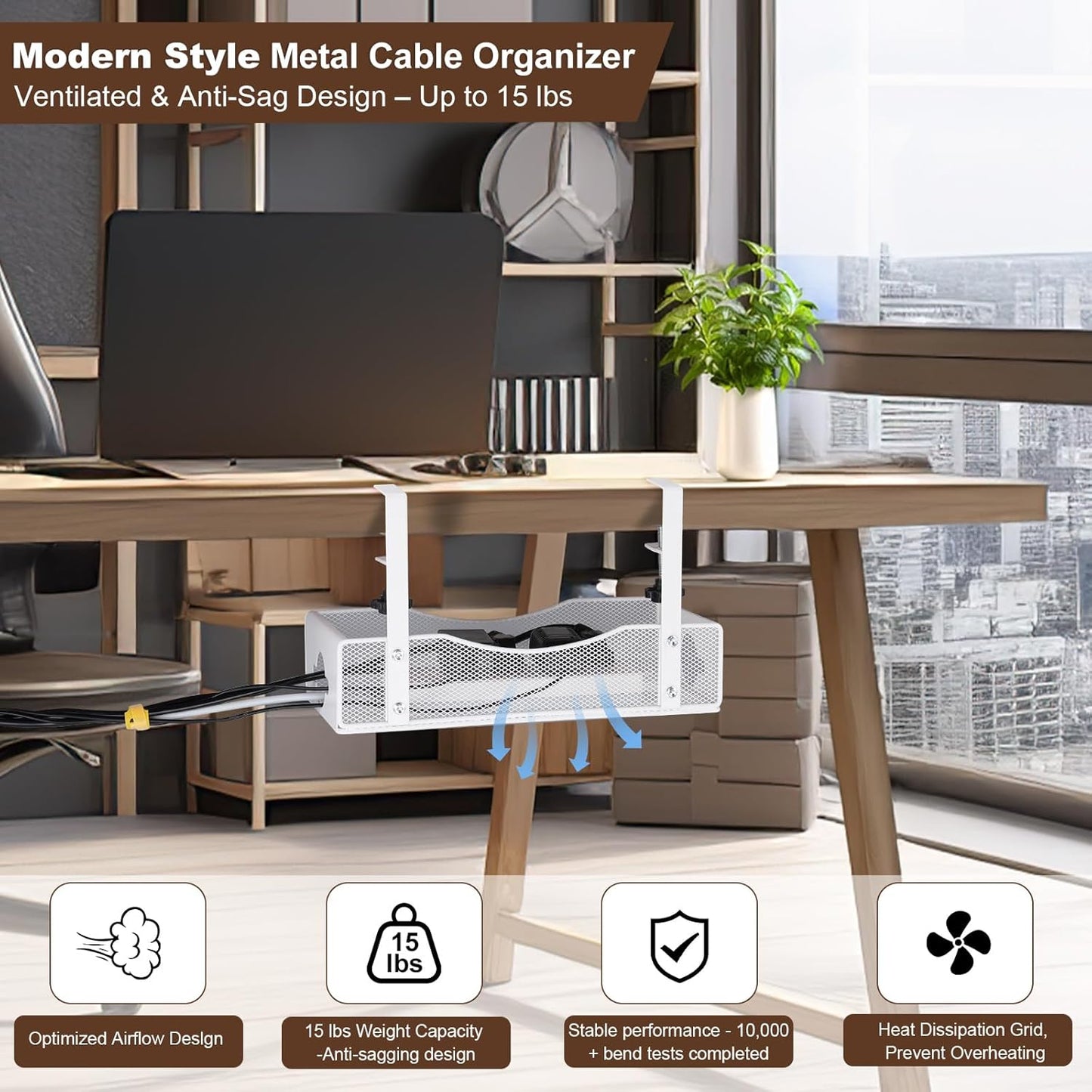 Extra Wide 7inch Under Desk Cable Management - No Drill Installation Cable Management Tray, Modern Cord Organizer for Office/Home Desk