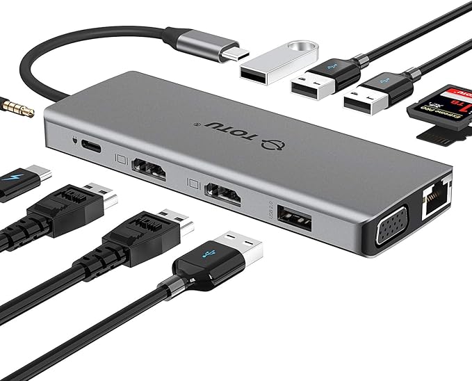 TOTU 13-in-1 USB-C Hub with Ethernet, 4K HDMI, VGA, PD, SD/TF Cards Reader, Mic/Audio Docking Station for MacBook Pro Air XPS and Other USB-C Laptops