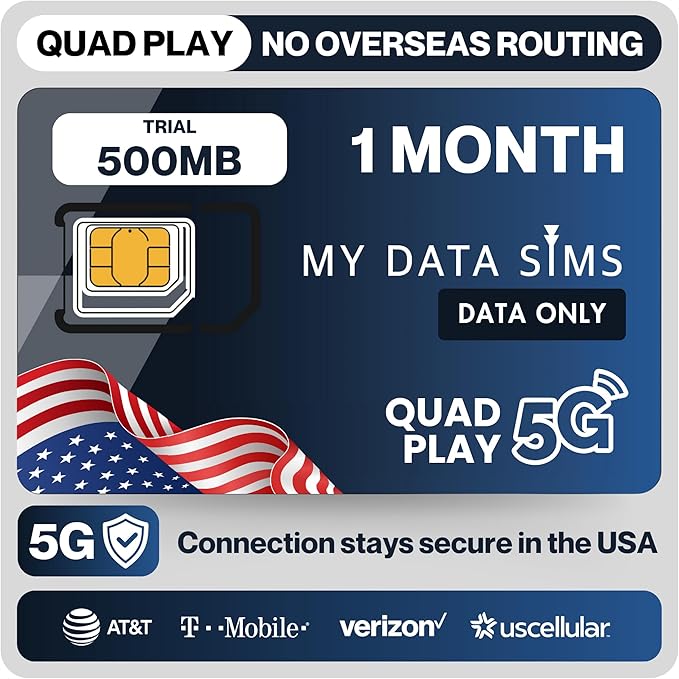 Quad Play Trial 500MB / 30 Day IoT SIM Card for Unlocked Security, Solar & Hunting Trail Game Cameras, Data Only USA SIM, 4G/5G on AT&T, T-Mobile, Verizon & US Cellular, Triple Cut 3-in-1