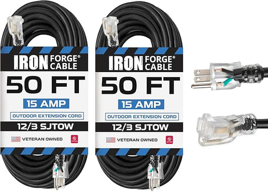 Iron Forge Cable 2 Pack 12 Gauge Outdoor Extension Cord 50 Ft, SJTOW 12/3 Heavy Duty Extension Cord 3 Prong - Oil Resistant & Flame Retardant
