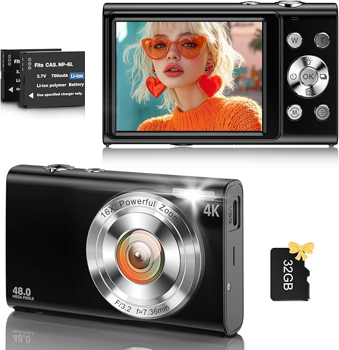 Digital Camera, 4K Vlogging Camera for YouTube Autofocus Cameras for Photography with 16X Digital Zoom, 48MP Compact Point and Shoot Digital Camera for Teens Adult with 32GB SD Card, 2 Batteries-Black