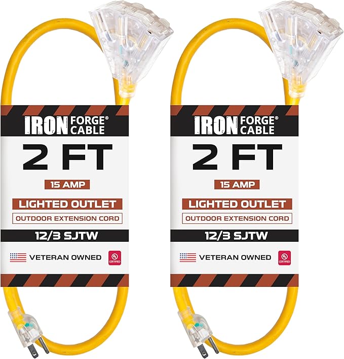 Iron Forge Cable 2 Pack 2 Foot Lighted Outdoor Extension Cord with 3 Outlets - 12/3 SJTW Heavy Duty Yellow Extension Cable 3 Prong - Multiple Outlets