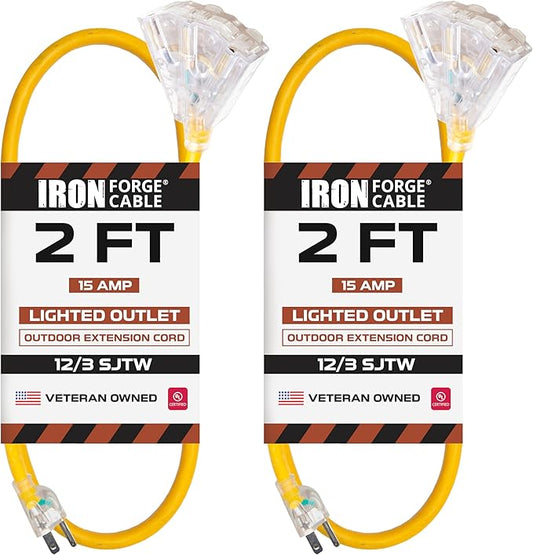Iron Forge Cable 2 Pack 2 Foot Lighted Outdoor Extension Cord with 3 Outlets - 12/3 SJTW Heavy Duty Yellow Extension Cable 3 Prong - Multiple Outlets